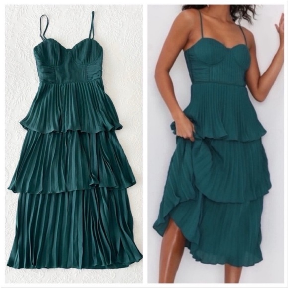 NWOT Lulus Cascading Crush Emerald Green Tiered Bustier Midi Dress XSmall - Picture 1 of 7